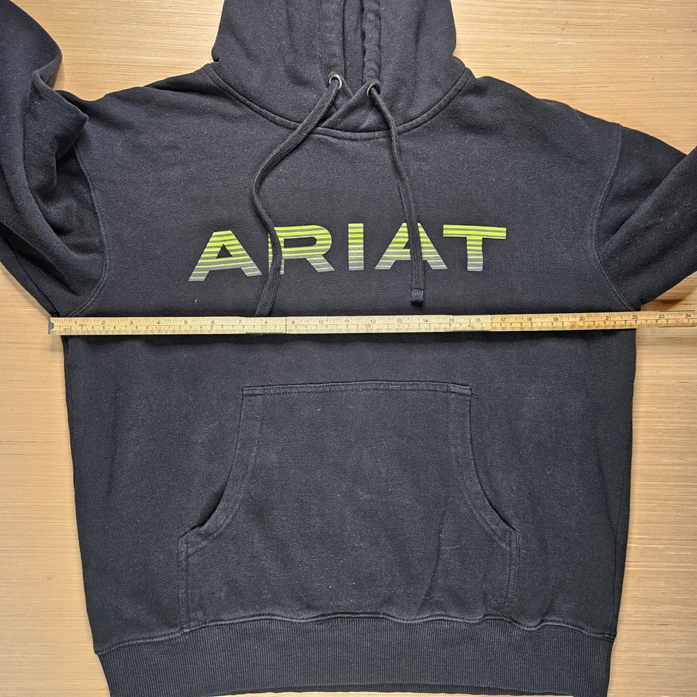 Ariat Black Pullover Hoodie Sweatshirt Men's S Neon Green Logo Spellout Graphic - Picture 3 of 9